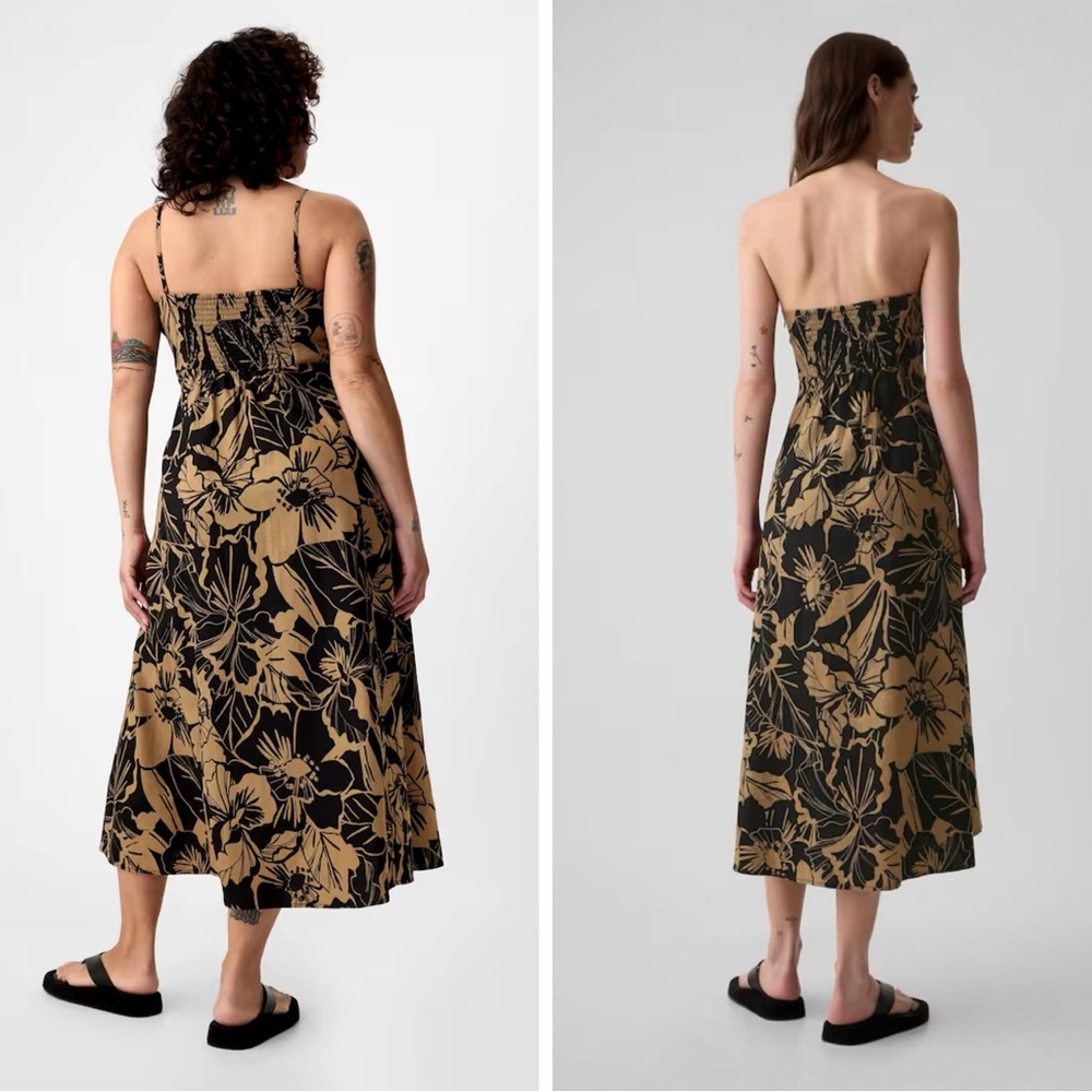 Gap Linen Floral Midi Dress Brown & Black With Removable Straps Small H66-809 - Picture 2 of 11